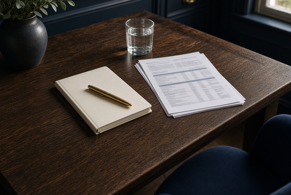 Board papers on a dark oak table